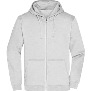 A light grey men's zip-up hoodie featuring a front pocket and a hood, with a logo on the chest.