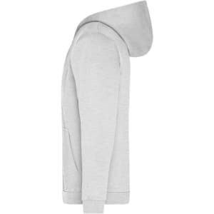 A light grey men's zip hoodie featuring a hood and a front pocket, with a logo on the fabric.