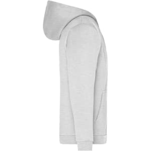 A grey men's zip hoodie featuring a hood and side pockets, with a logo on the front.