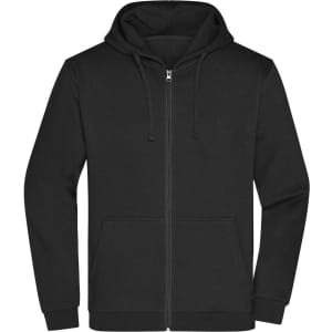 A black zip hoodie with a hood, featuring a front zipper and a kangaroo pocket. It has a logo on the chest.
