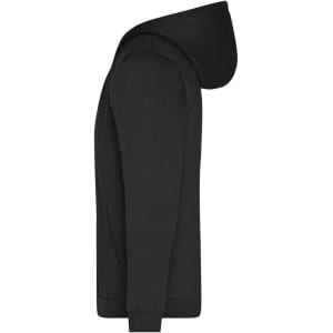A black men's zip hoodie featuring a kangaroo pocket and a hood. The design includes a logo on the front.