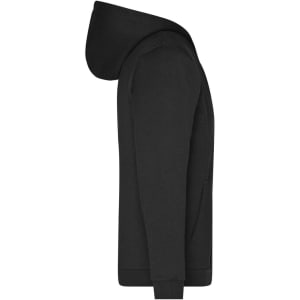 A black men's zip hoodie featuring a hood and a front pocket, designed as a promotional item.