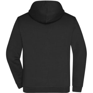 A black men's zip hoodie featuring a hood and long sleeves. The back view shows a simple design and a logo.
