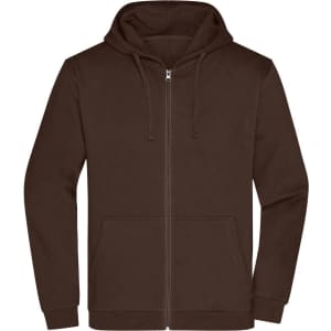 A brown zip-up hoodie featuring a front pocket and a drawstring hood. It has a logo on the front.