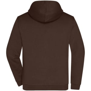 A brown men's zip hoodie featuring a hood and a logo on the back.