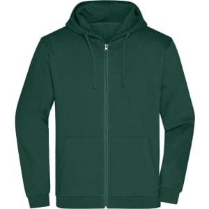 A green zip hoodie featuring a front zip closure, hood, and pouch pockets. It has a logo on the front.