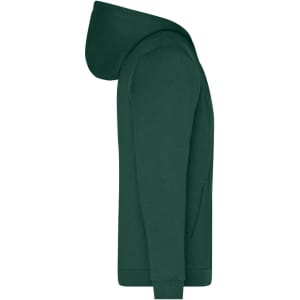 A green men's zip hoodie featuring a hood and a front pocket, with a logo on the garment.