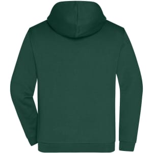 A green zip hoodie with a hood and kangaroo pocket, featuring a logo on the back.