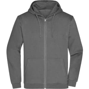 A grey zip-up hoodie featuring a hood and front pockets, with a logo displayed on the garment.