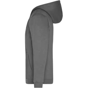 A grey men's zip hoodie featuring a hood and pocket, showcasing a simple design with a logo.