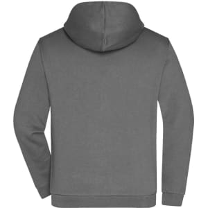 A grey men's zip hoodie with a hood and long sleeves, featuring a back view and a branding logo.