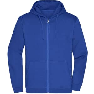 A blue zip hoodie featuring a front pocket and a hood, with a logo on the chest area.