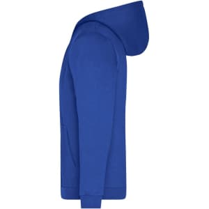 A blue men's zip hoodie with a hood and front pocket, featuring a side profile view.
