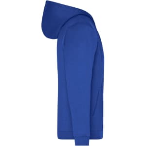 A blue men's zip hoodie featuring a hood and front pocket, with a logo on the chest.