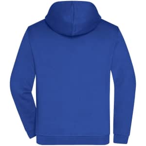 A blue men's zip hoodie featuring a hood and long sleeves, with a plain back and branding.