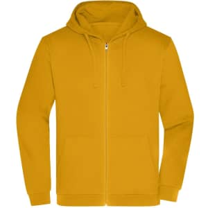 A yellow zip hoodie with a hood, front pockets, and a zipper closure, featuring a logo.