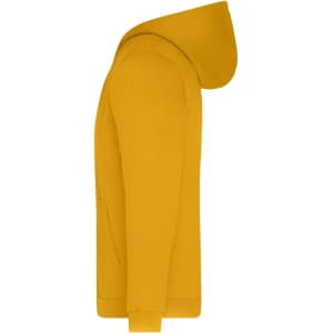 A side view of a men's zip hoodie in a vibrant yellow colour, featuring a hood and a front pocket.