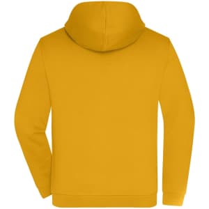 A men's zip hoodie in a vibrant yellow colour, featuring a hood and a logo.