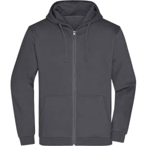 A dark grey zip hoodie featuring a front zipper, hood, and pockets, with a logo on the front.