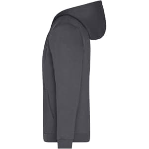 A men's zip hoodie in dark grey, featuring a hood and kangaroo pocket, with a logo on the front.