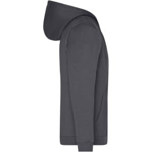 A men's zip hoodie in dark grey, featuring a hood and a front pocket. Includes a logo on the garment.
