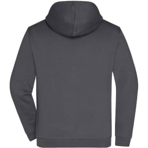 A grey men's zip hoodie featuring a hood and a back view design. It has a logo on the hoodie.