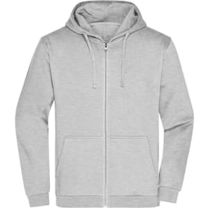 A grey zip hoodie featuring a hood and front pockets, with a logo on the chest area.