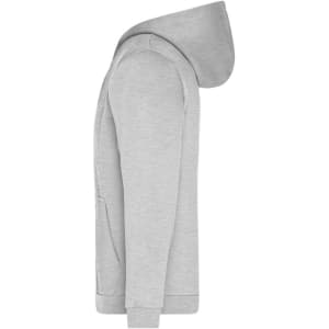 A grey men's zip hoodie featuring a hood and a front pocket. It has a logo on one side.