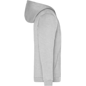 A grey men's zip hoodie featuring a hood and side pockets, with a discreet logo.