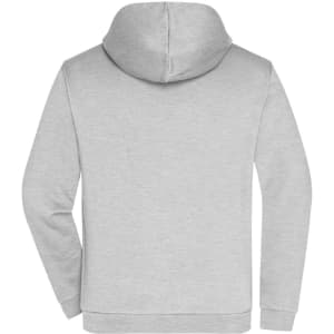 A grey men's zip hoodie featuring a hood and long sleeves, with a branding logo on the back.