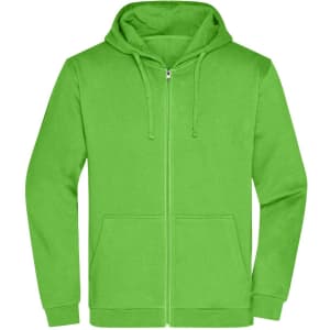 A green men's zip hoodie with a front zipper and a hood, featuring a spacious front pocket and a logo.