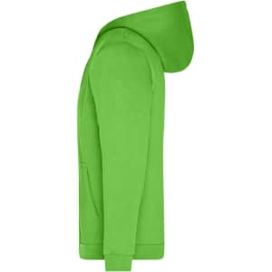 A green zip hoodie with a hood and a front pocket, featuring a logo on the side.