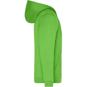 A bright green men's zip hoodie with a hood and kangaroo pocket, featuring a logo on the front.