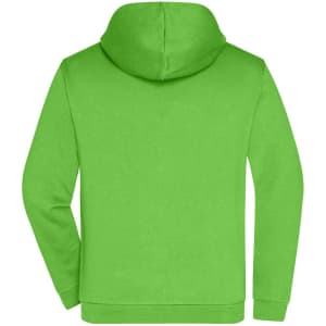 A bright green zip hoodie for men featuring a hood and a back view. It includes a logo on the garment.