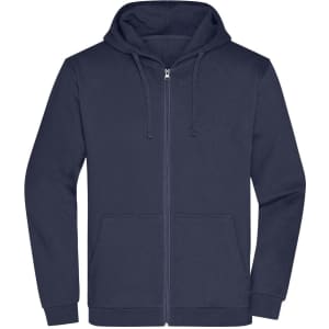 A navy blue men's zip hoodie featuring a front pocket and a hood, with a small logo on the chest.