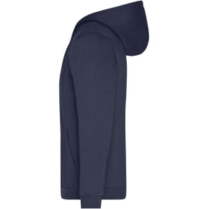 A navy blue men's zip hoodie featuring a hood and a front pocket, with a logo on the design.