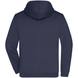 A men's zip hoodie in navy blue with a hood, featuring a plain back design and an attached zipper.