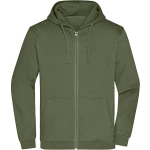A green men's zip hoodie featuring a front zipper and a kangaroo pocket, showcasing a simple design.
