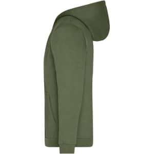 A men's olive green zip hoodie featuring a hood and a kangaroo pocket. It has a logo on it.