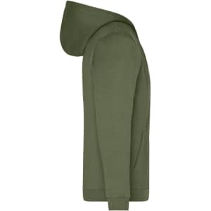 A green men's zip hoodie with a hood and front pocket, featuring a logo.