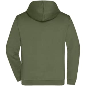 A green men's hoodie with a zip, featuring a hood and long sleeves, displayed from the back. It has a branding logo.