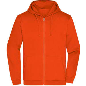 An orange zip hoodie featuring a front pocket and a hood, with a logo present on the design.