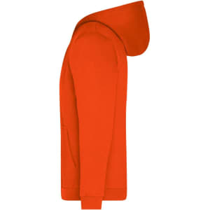 An orange men's zip hoodie with a hood and a front pocket. Features a logo on the garment.