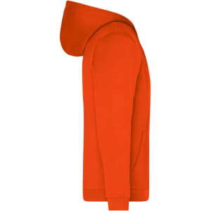 An orange zip hoodie with a hood and a front pocket, featuring a small logo.