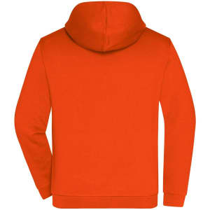 An orange men's zip hoodie featuring a hood and long sleeves, with a logo on the back.