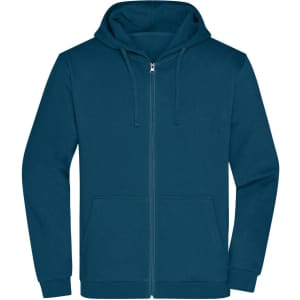 A teal men's zip hoodie with a front pocket and drawstring hood, featuring a branding logo.
