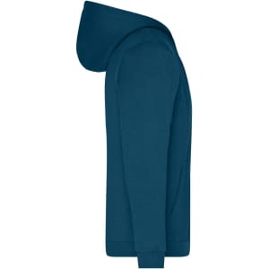 A men's zip hoodie in teal, featuring a hood and a front pocket, with a branding logo.