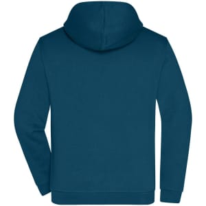 A men's zip hoodie in a deep teal colour, featuring a hood and a simple design, with a logo on the back.