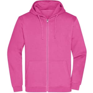 A pink men's zip hoodie featuring a front zip, hood, and pockets, with a logo on the front.