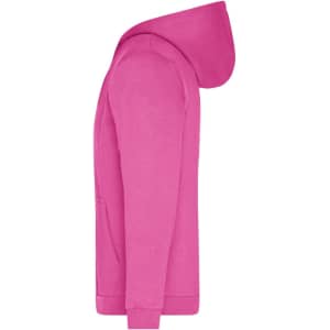 A pink zip hoodie with a hood and front pocket, featuring a logo.